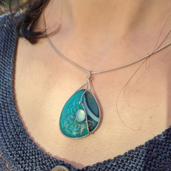 The Sussex Guild Silver and Glass with Aqua Chalcedony Pendant  1