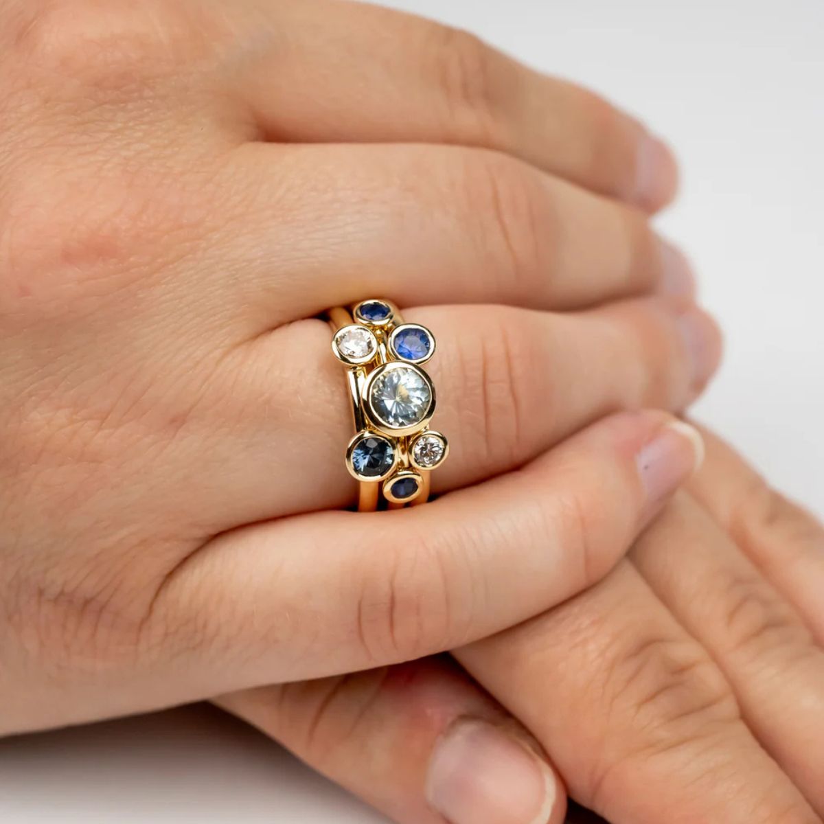 The Sussex Guild Sapphire and Aquamarine 9ct Gold Stacking Ring Set Pruden and Smith 1