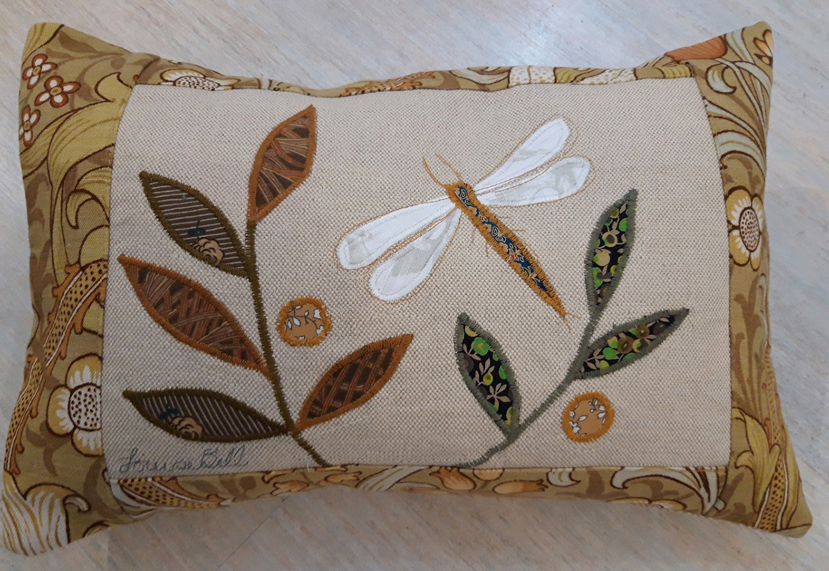 The Sussex Guild Dragonfly cushion in gold Louise Bell