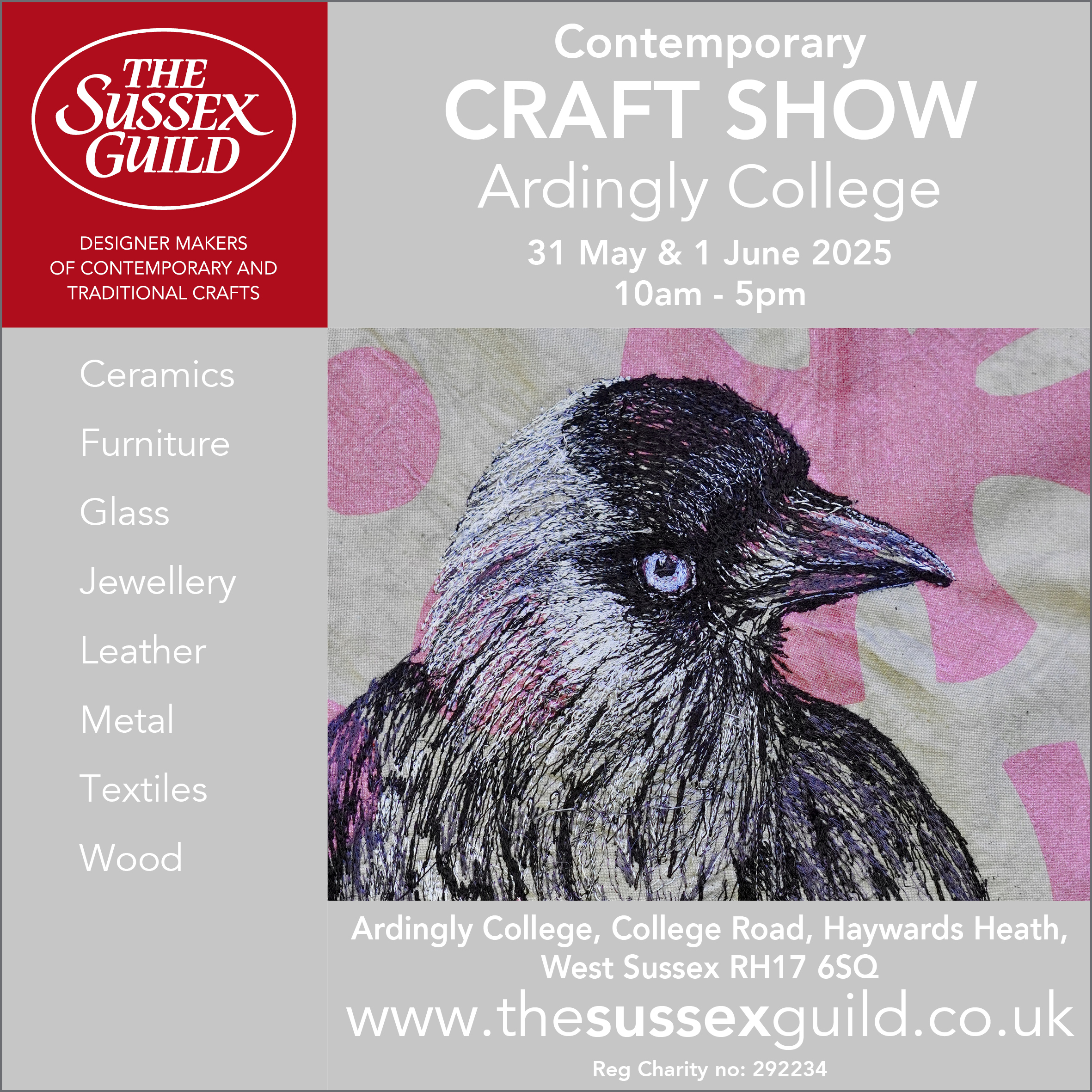 Image promoting Ardingly Contemporary Craft Show 2025 featuring an image of a jackdaw on textile by Julie French.