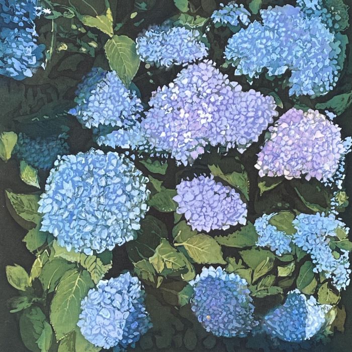 Blue hydrangea batik painting by Rosi Robinson