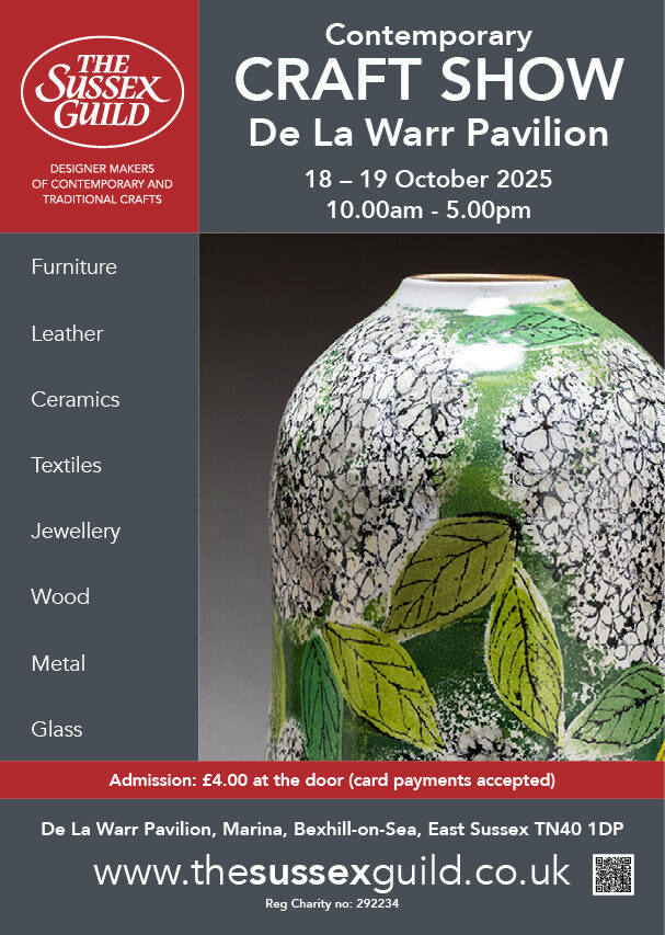 Poster advertising the Sussex Guild Contemporary Craft Fair at De La Warr Pavilion featuring a vase decorated with green leaves and white flowers.