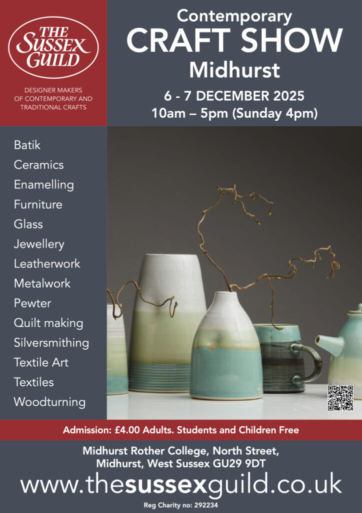 Poster advertising the Sussex Guild Contempoary Craft Show at Midhurst, featuring an image of blue and white ceramics.