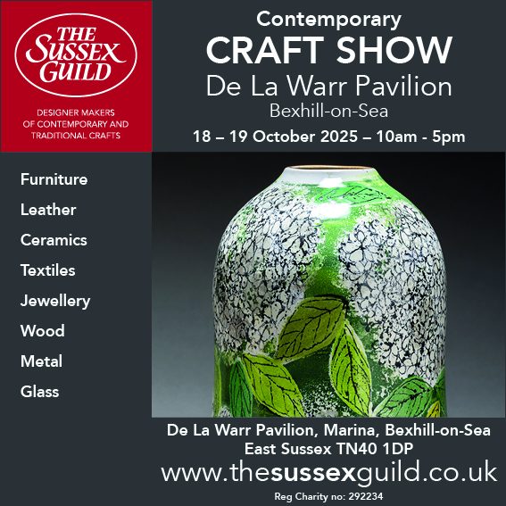 Poster advertising the Sussex Guild ACContemporary Craft Show at the De La Warr Pavilion Bexhill from 18-19 October 2025, featuring a ceramic vase decorated with green leaves.