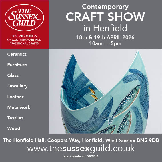 Poster advertising The Sussex Guild Contemporary Craft Show taking place at Henfield Hall on 18-19 April 2026. The main image is a section of a blue vase decorated with blue fish.