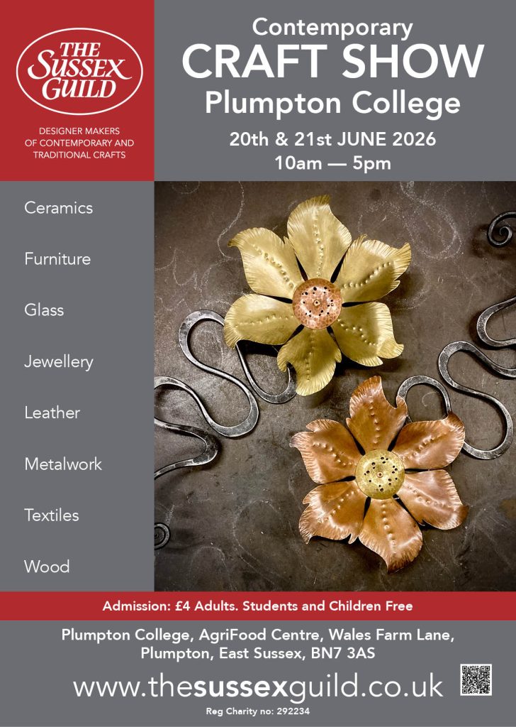 Poster featuring two metal flowers advertising The Sussex Guild Show at Plumpton College.