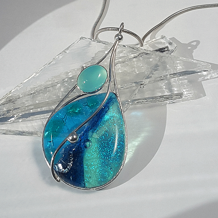 etched-dichroic-fused-glass-sterling-silver-Blue-Chalcedony-Pendant