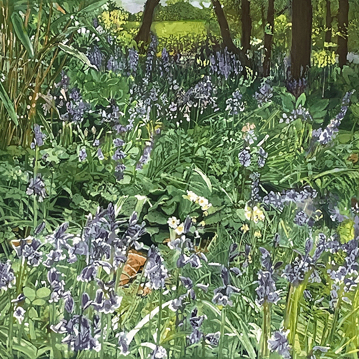 Textiles-Rosi-Robinson-Bluebells-and-Primroses-batik-painting-Rosi-Robinson
