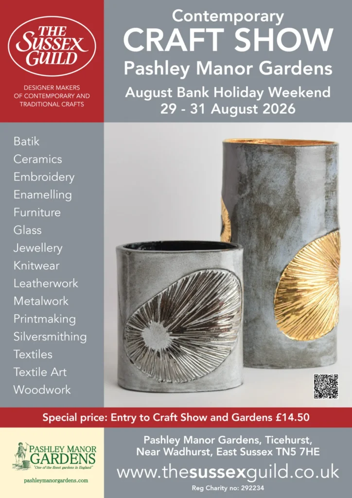Poster advertising the Sussex Guild Contemporary Craft Show at Pashley Manor Gardens, featuring an image of two grey ceramic vases decorated with large images of shells.